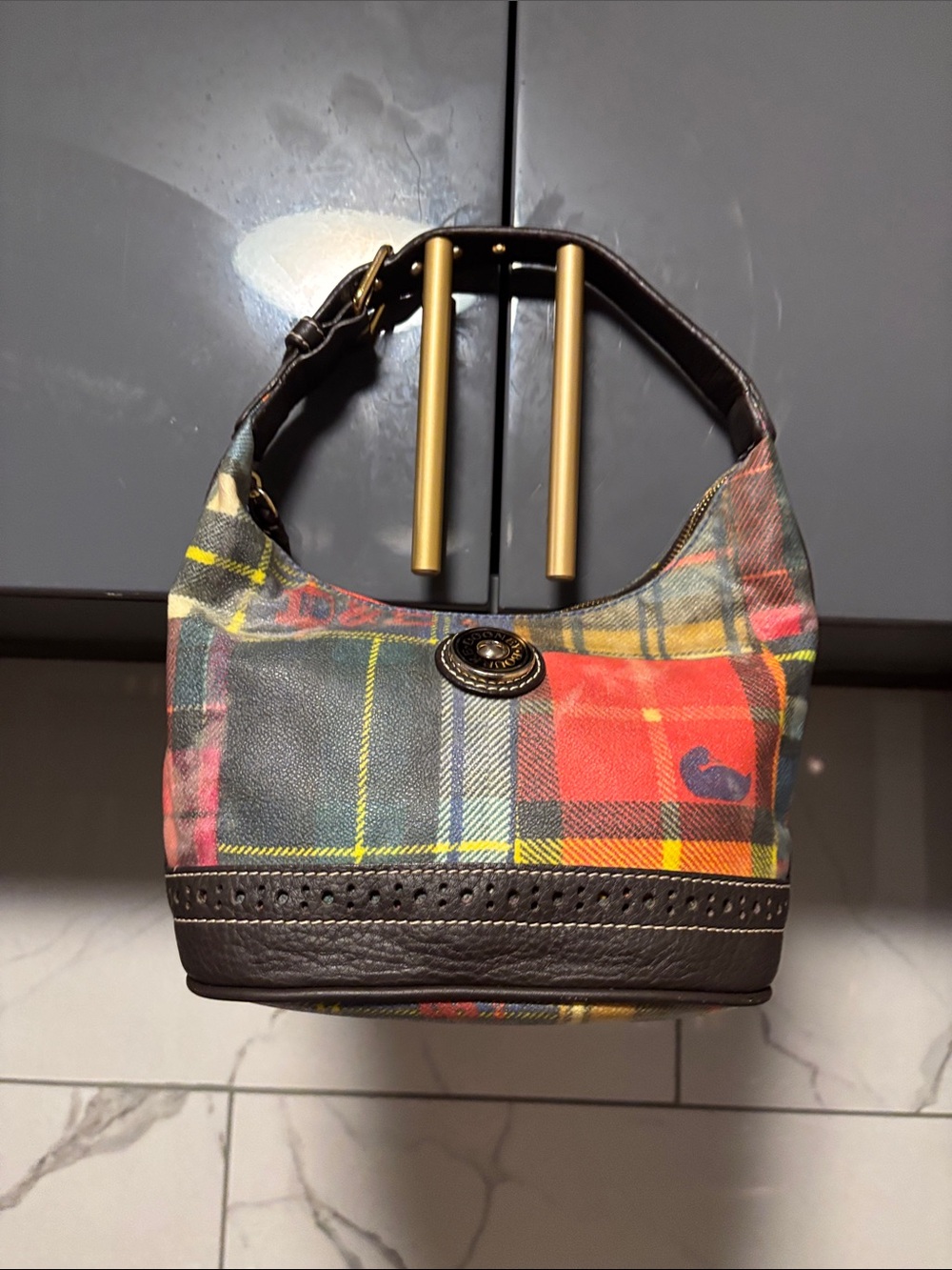 Dooney & Burke Plaid Mini Hobo Bag with Dark Brown Trim - Multicolor